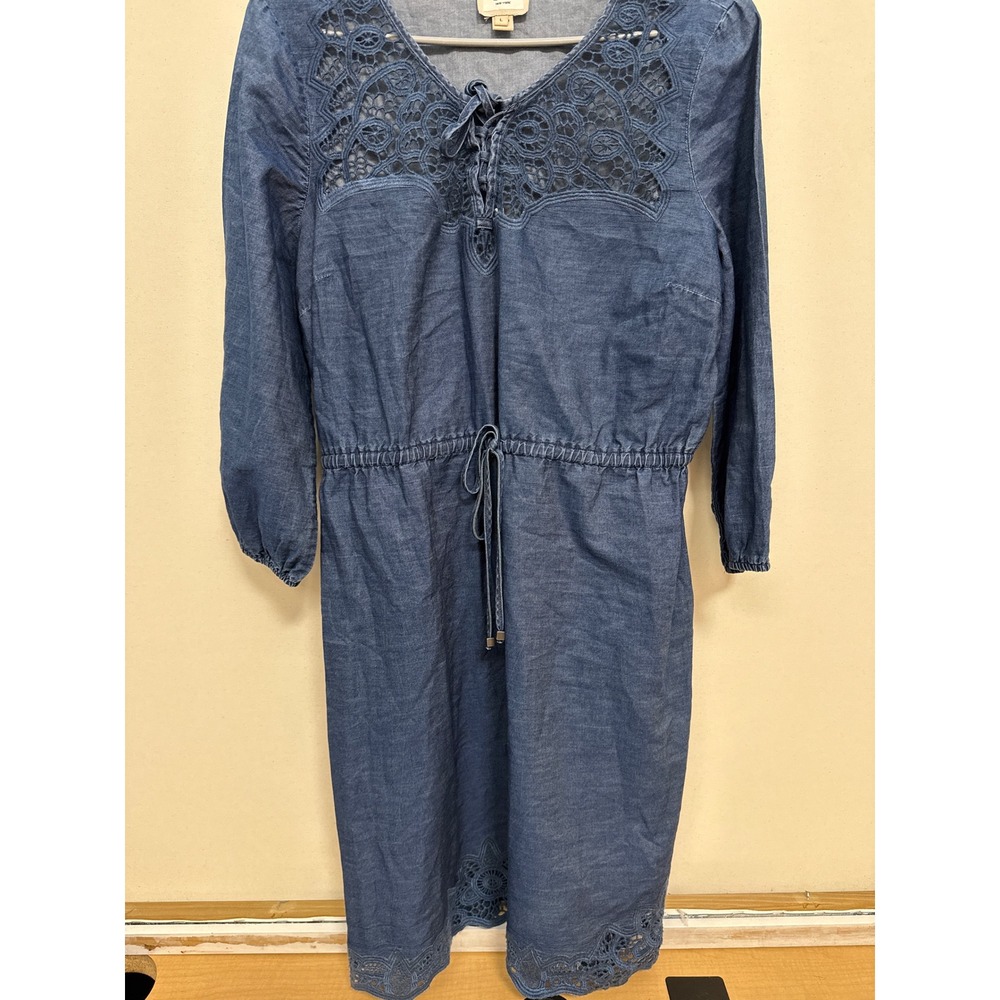 ECI New York Blue Cotton Chambray Crochet Lace Eyelet Dress Large Boho